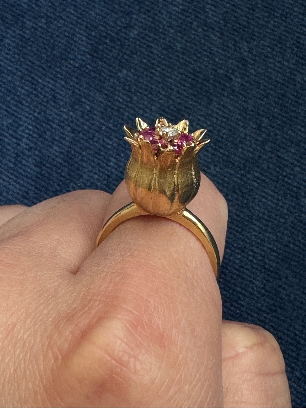 Stunning Rare - Vintage 14k Yellow Ruby And Diamond Tulip Ring Size 6 - Picture 3 of 13